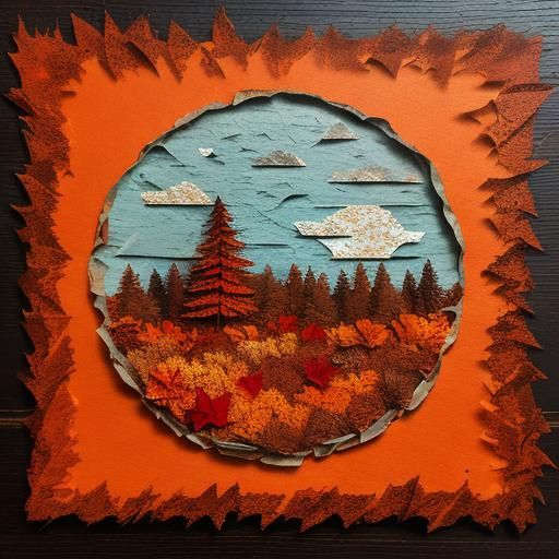 textured torn paper art. Cozy Autumn scene orange, red, brow...