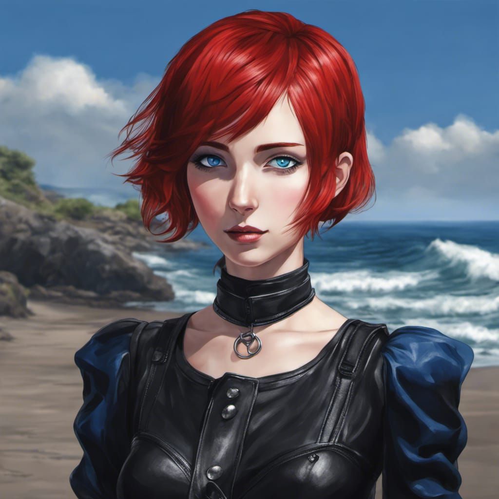 Anime by artist "MAPPA", Cute Goth Woman, Short Red Hair, Bl...