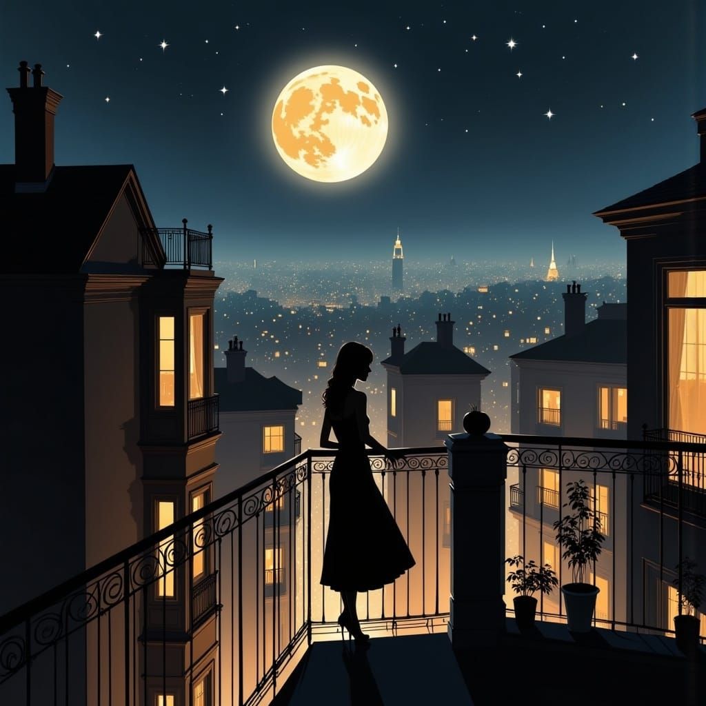 <lora:SilhouetteFlux:1.0> Silhouette Art, dark silhouette in the style of Pascal Campion and Jeremy Mann; silhouette of a woman on the balco...