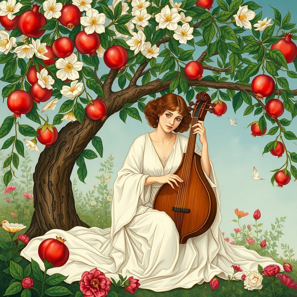 Woman Plays Lyre Under Pomegranate Tree in Whimsical Art Nou...