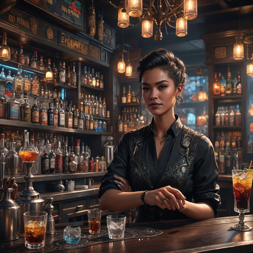 A bartender wearing black