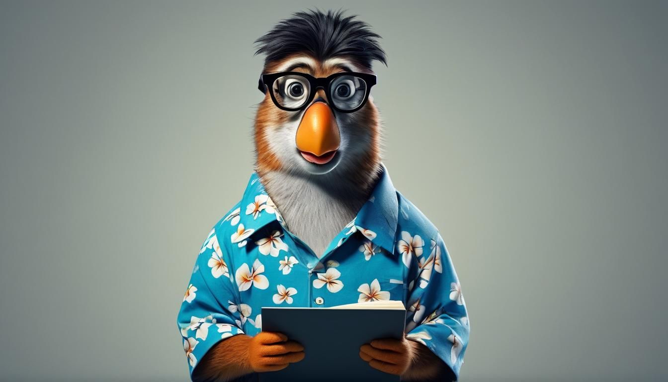 penguin in hawaiian shirt with nerd glasses. using notebook.