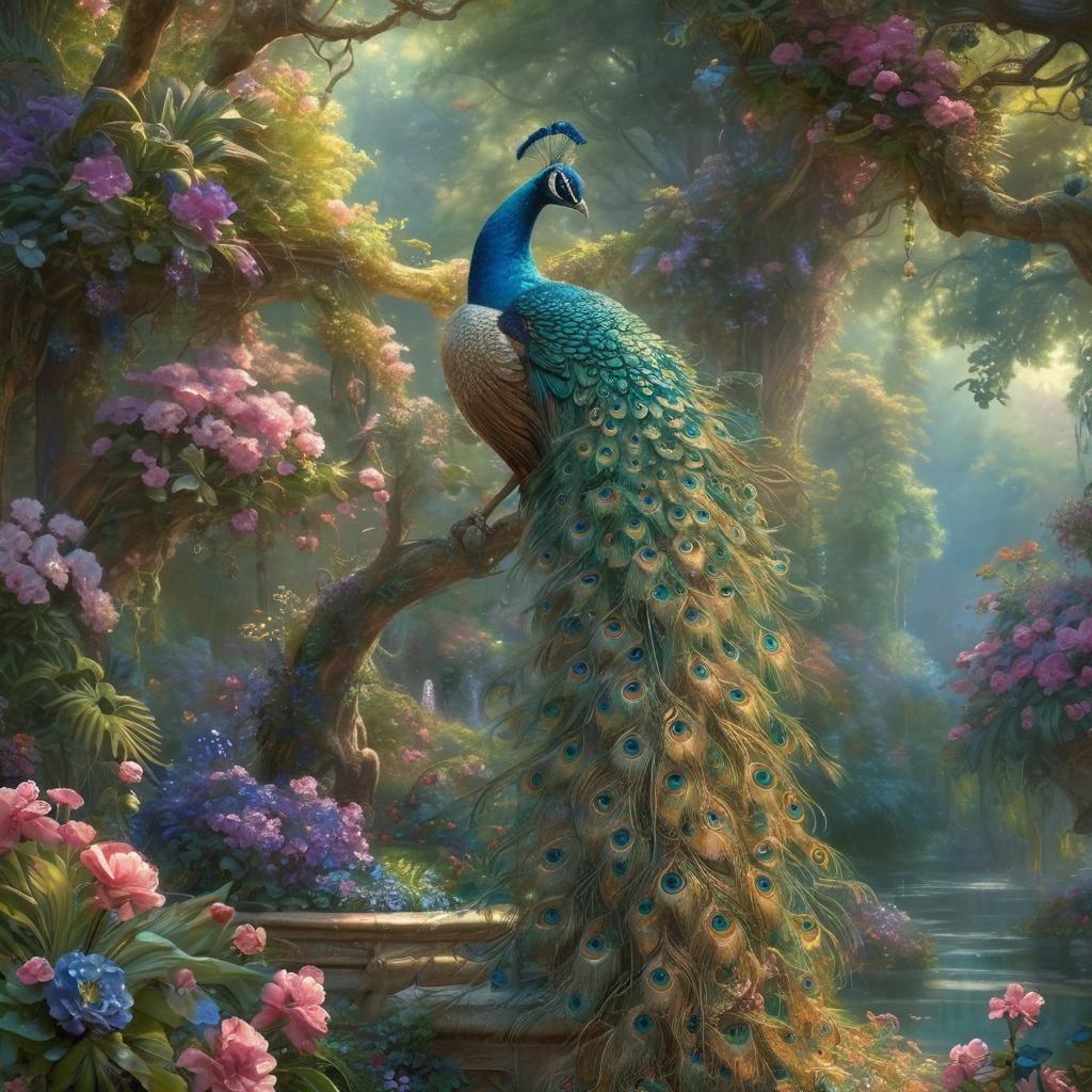 Peacock displaying its colorful plumage in a lush garden  by @Twinkletoast