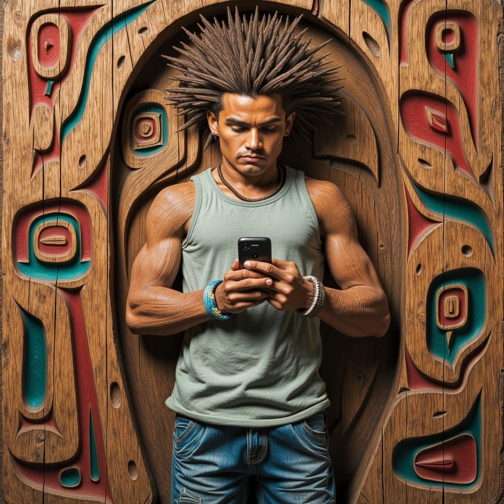 <lora:PacificNW FL:1.0> A teenager with frosted tips and baggy jeans, wearing a sweatband on one wrist and tapping away on a first-gen iPod...