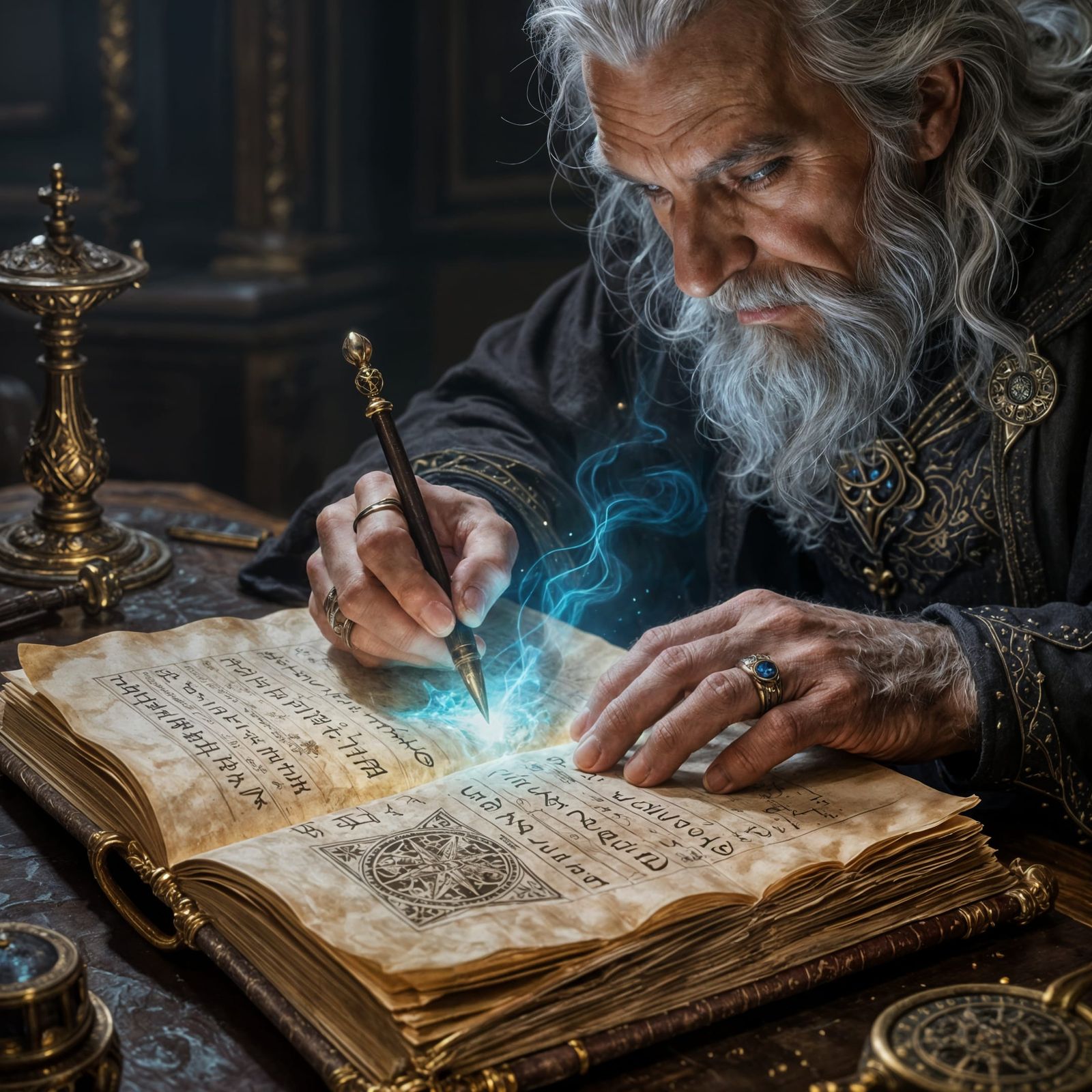 An up close shot of a wizard adding spells to their spellbook. The main focus is the spellbook.  by @Vikerzard