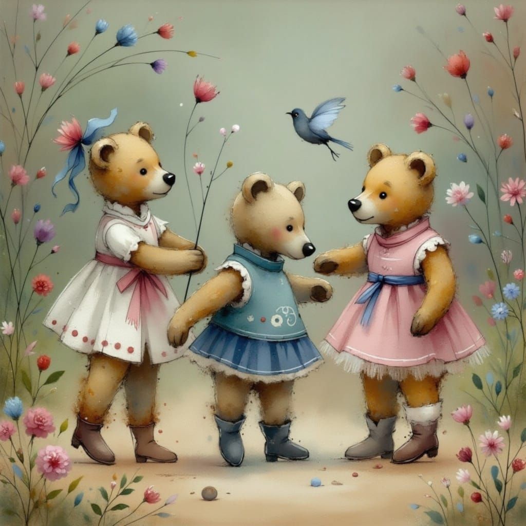Whimsical teddy bears at play, Eastern European influence, by Sam Toft, Lucy Grossmith and Anna Silivonchik <lora:Earth and water:1.0> 