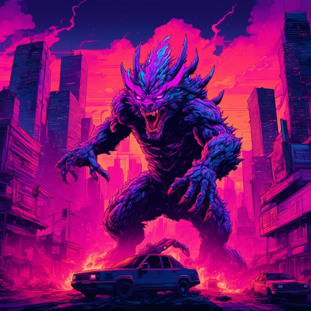a kaiju beast erupting from the ground in a cityscape at sunset, synthwave, neon, 80's horror, intricately detailed, high resolution, dynami...