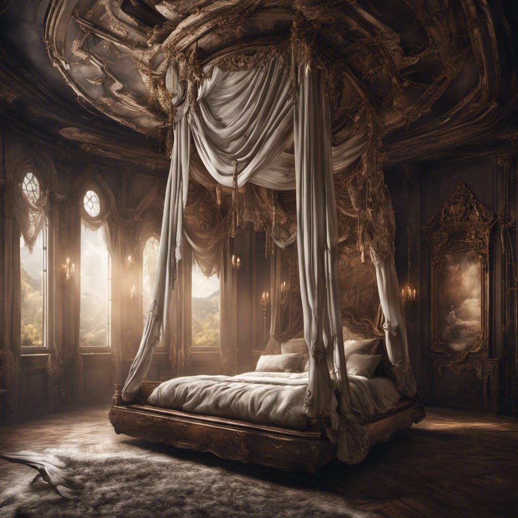 suspended bed held in air by heavy fabric in Lavish Bedroom  by @Nic Siegel