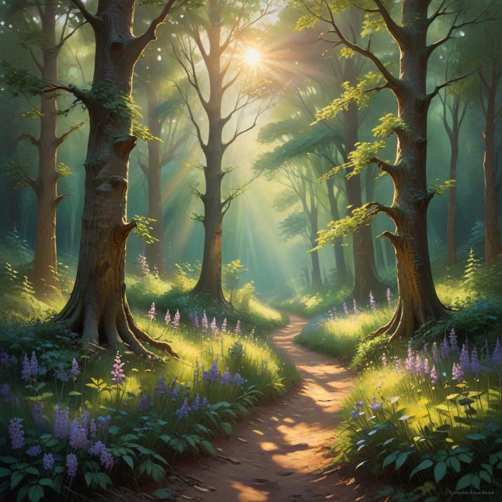 Dreamlike Forest at Dusk in Impressionist Style