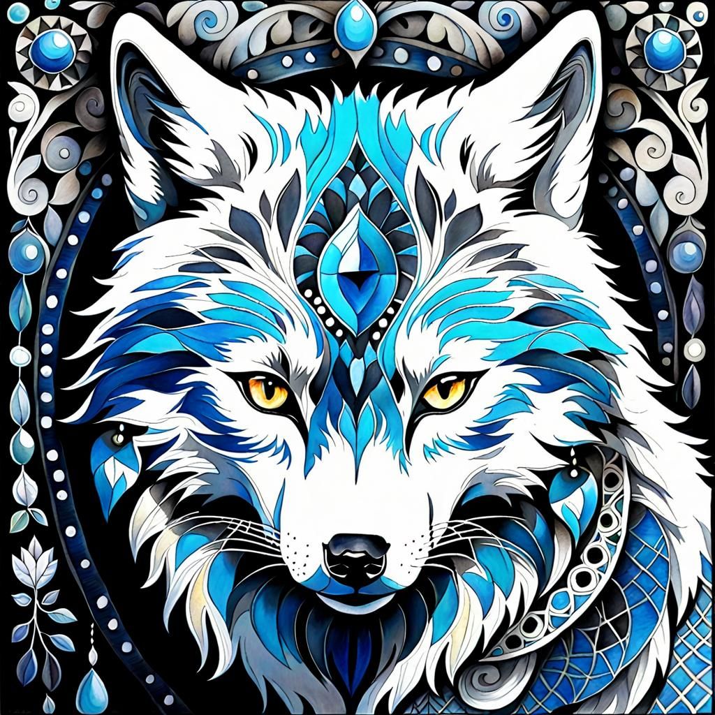 WOLF portrait, art brut, folk art, illustration, oils, gothi...