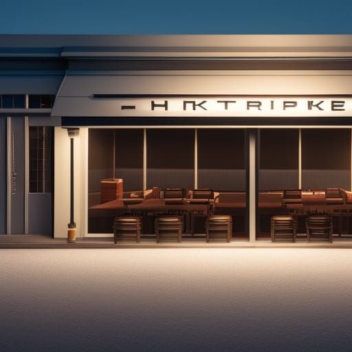 Building Exterior, retrofuturisitc, dark coffeeshop "Nightha...