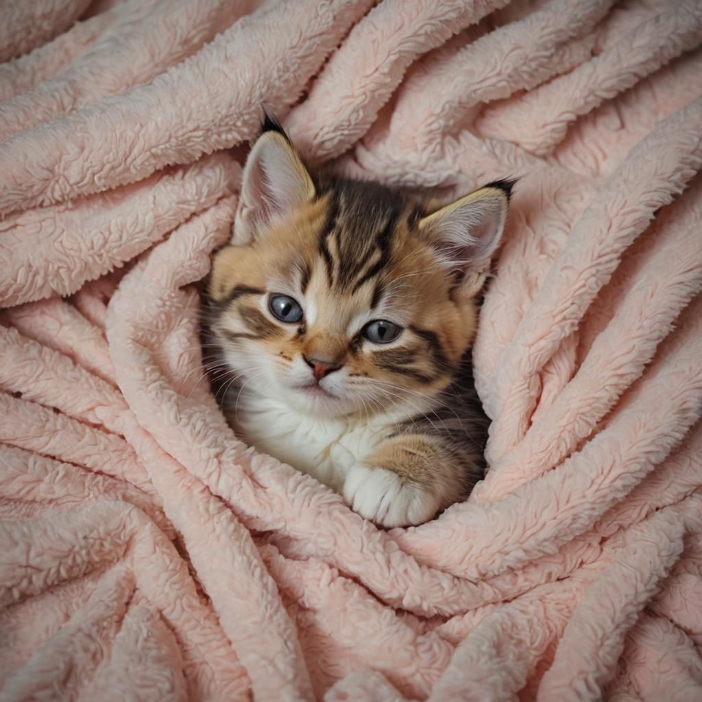 beautiful kitten napping in fluffy blankets, colorful