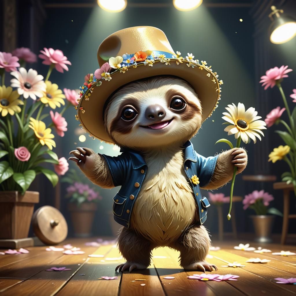 realistic - ultrasharp shiny glossy create a cute sloths with big eyes , big smile and a funny hat on its head, standing on stage tap-dancin...