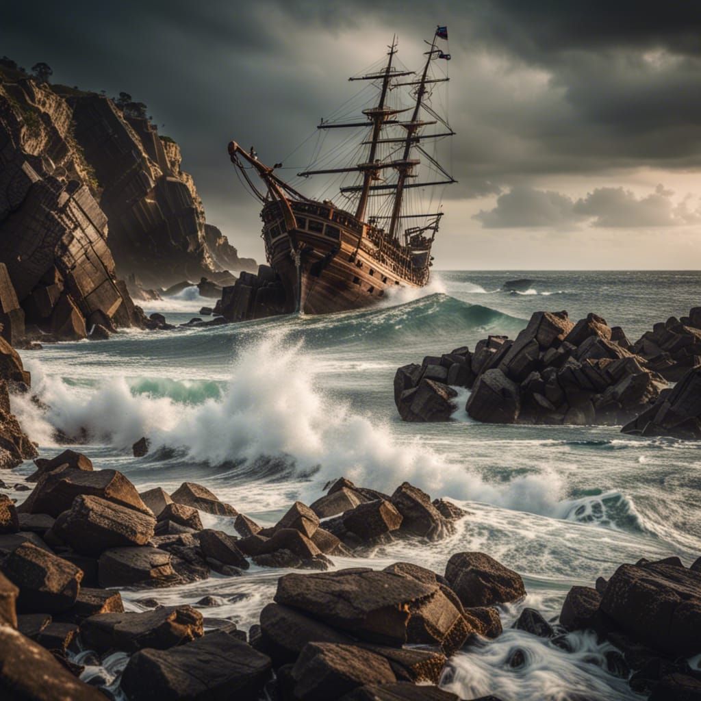 Stormy Pirate Shipwreck on Rocky Shoreline