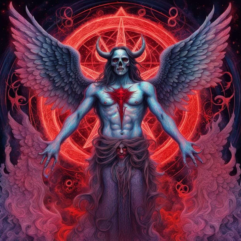 Satanism,Pentagram,Demon with bloody angel wings,in the style of Creepy ...