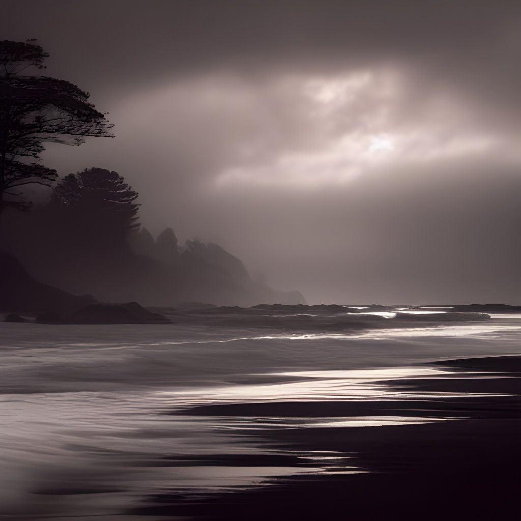 Afterglow on a misty beach