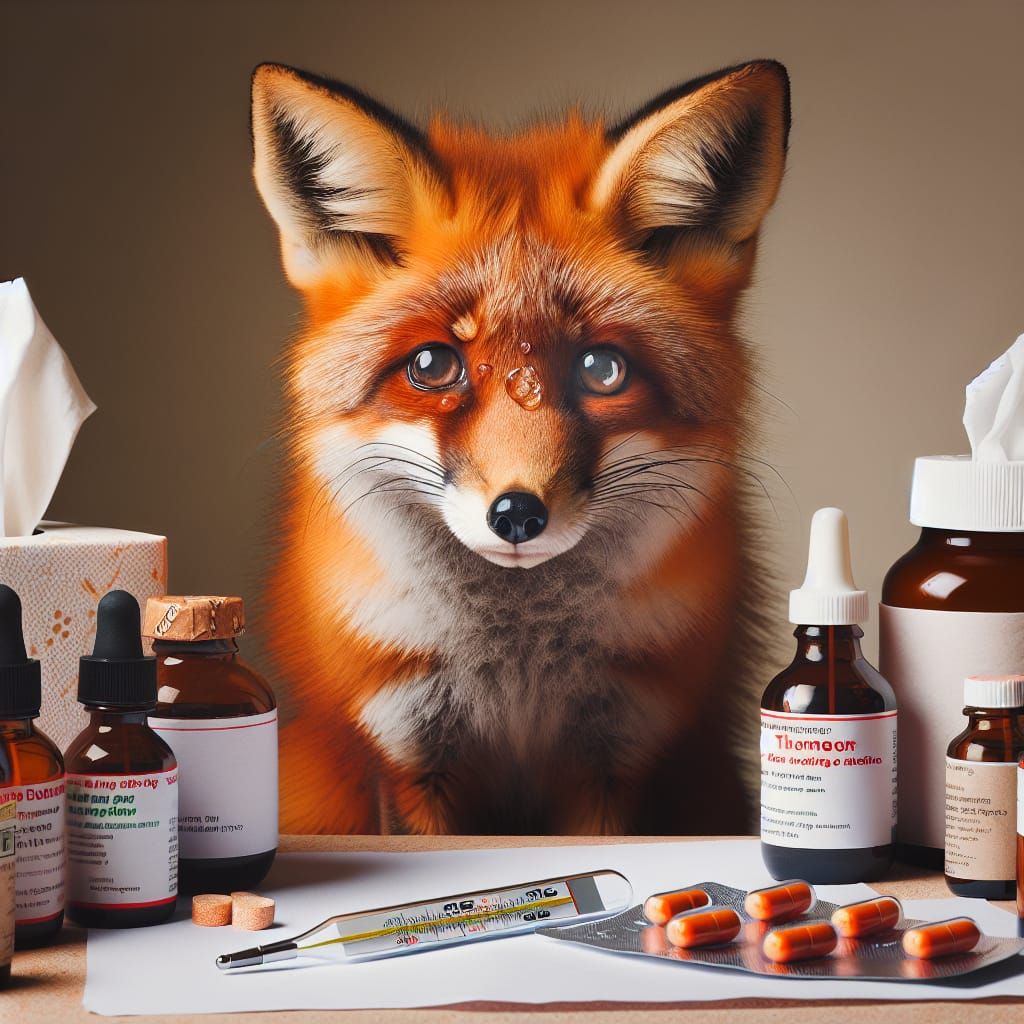 A fox feeling unwell and sneezing, tissues and medicine - AI Generated ...