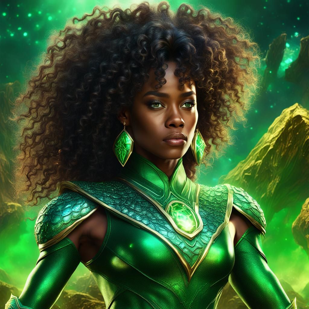 black woman with long curly hair as the green dragon gemston...