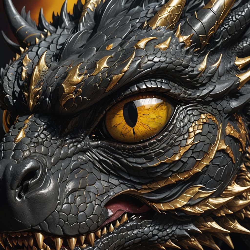 A close up view of a Large black velvet shadow dragon golden...