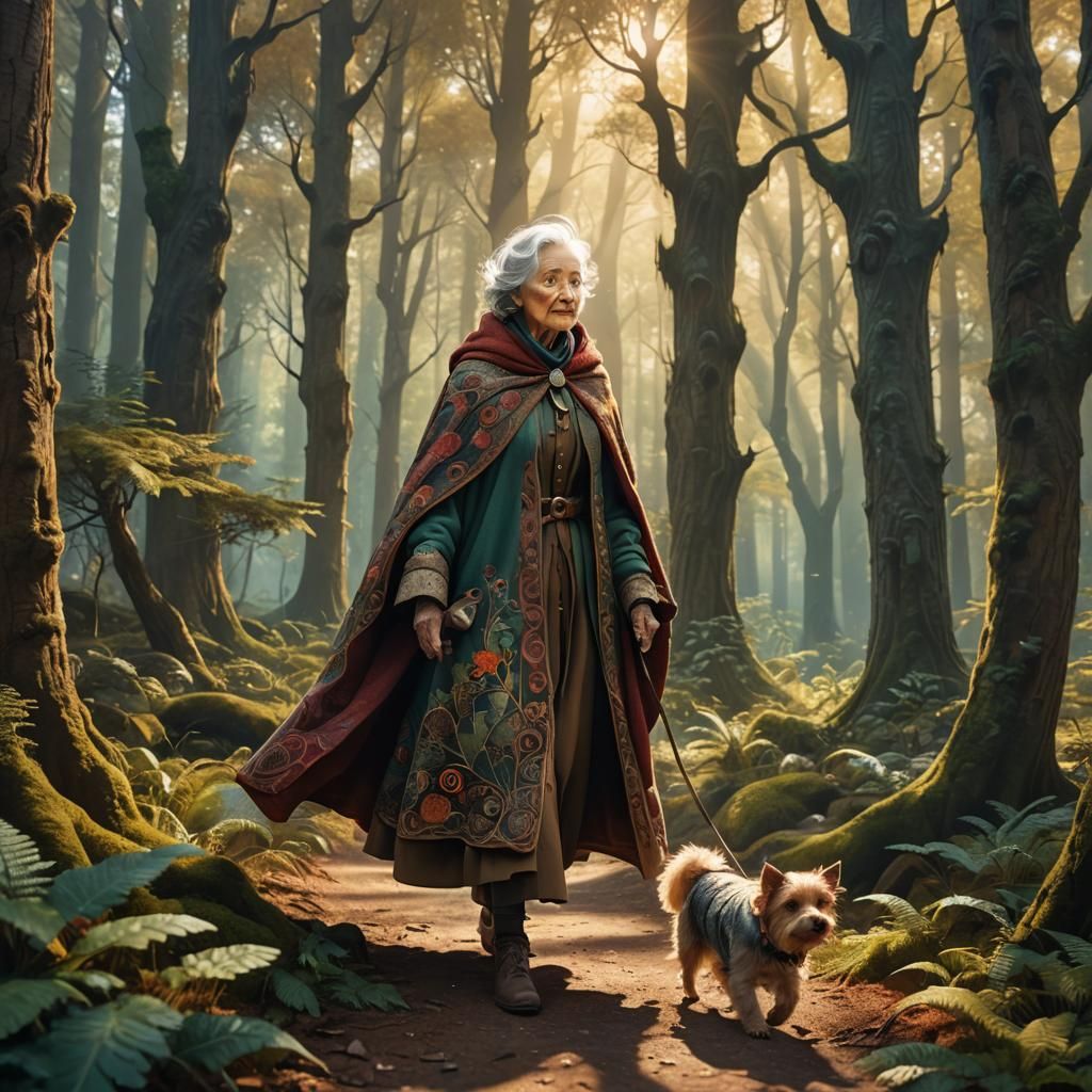 Whimsical Forest: Old Woman and Dog, Fantasy Illustration