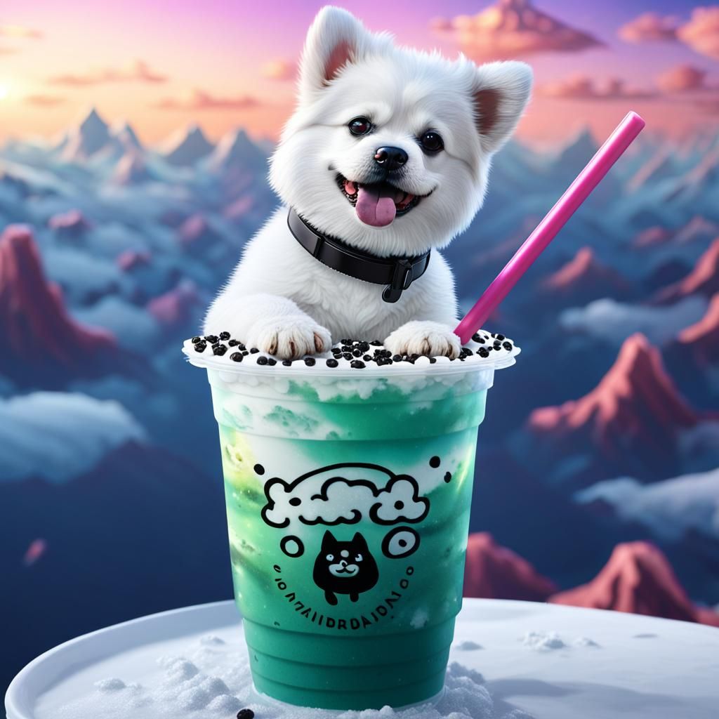 white fluffy dog riding on boba tea in the sky