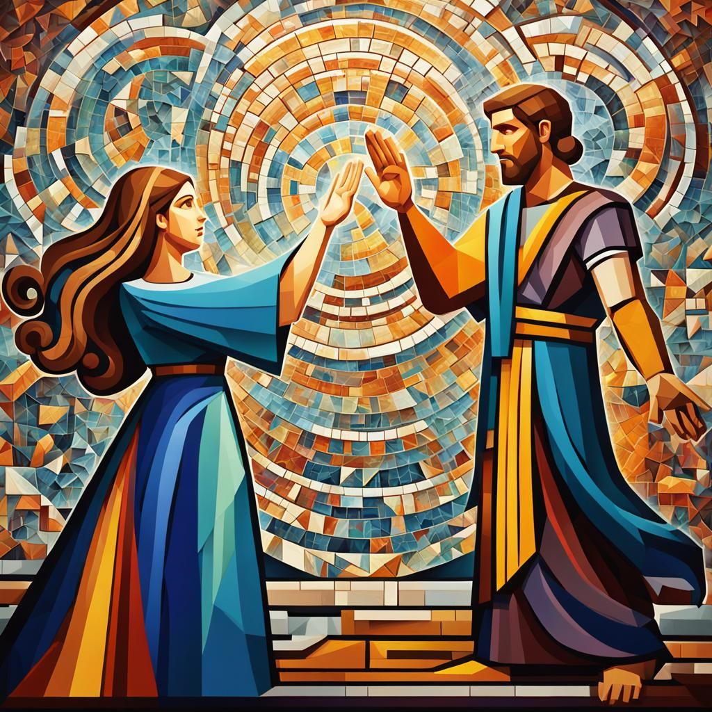 Anna Kendrick, Byzantine mosaic, giving a high five to a Gre...