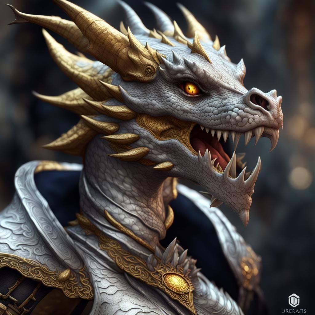 a female platinum silver dragonborn with gold eyes and a bold dragon grin