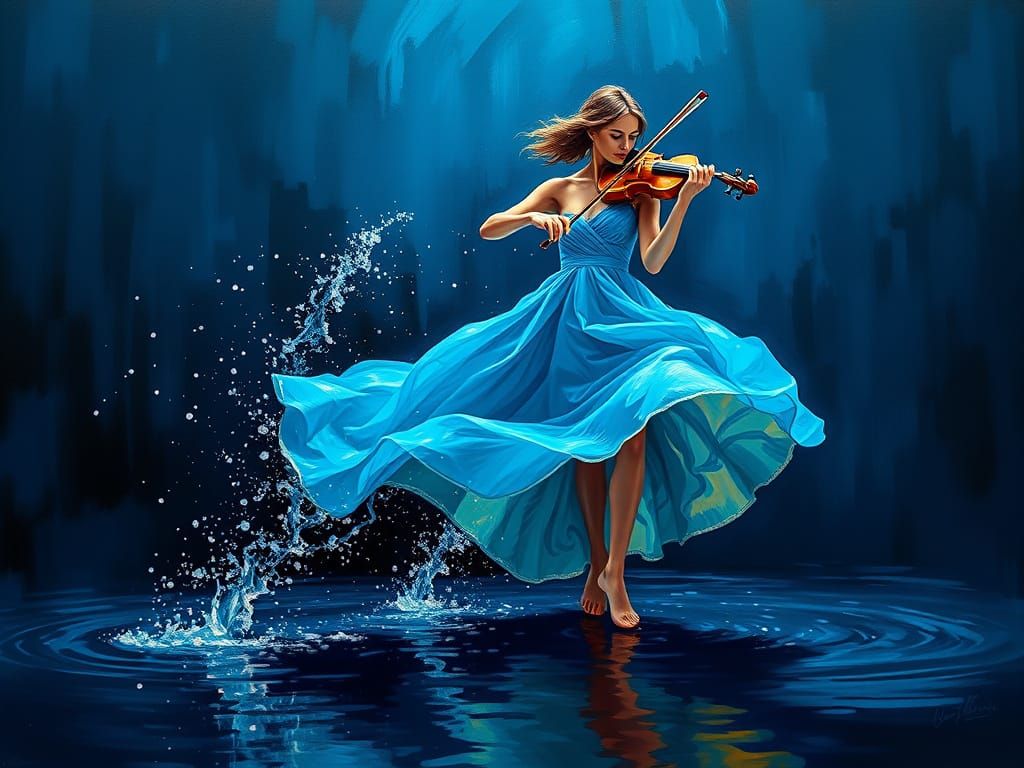 Oil on canvas,A woman, hyperrealistic, playing a violin, poised in mid-movement,  with her dress billowing ...  by @Chris63
