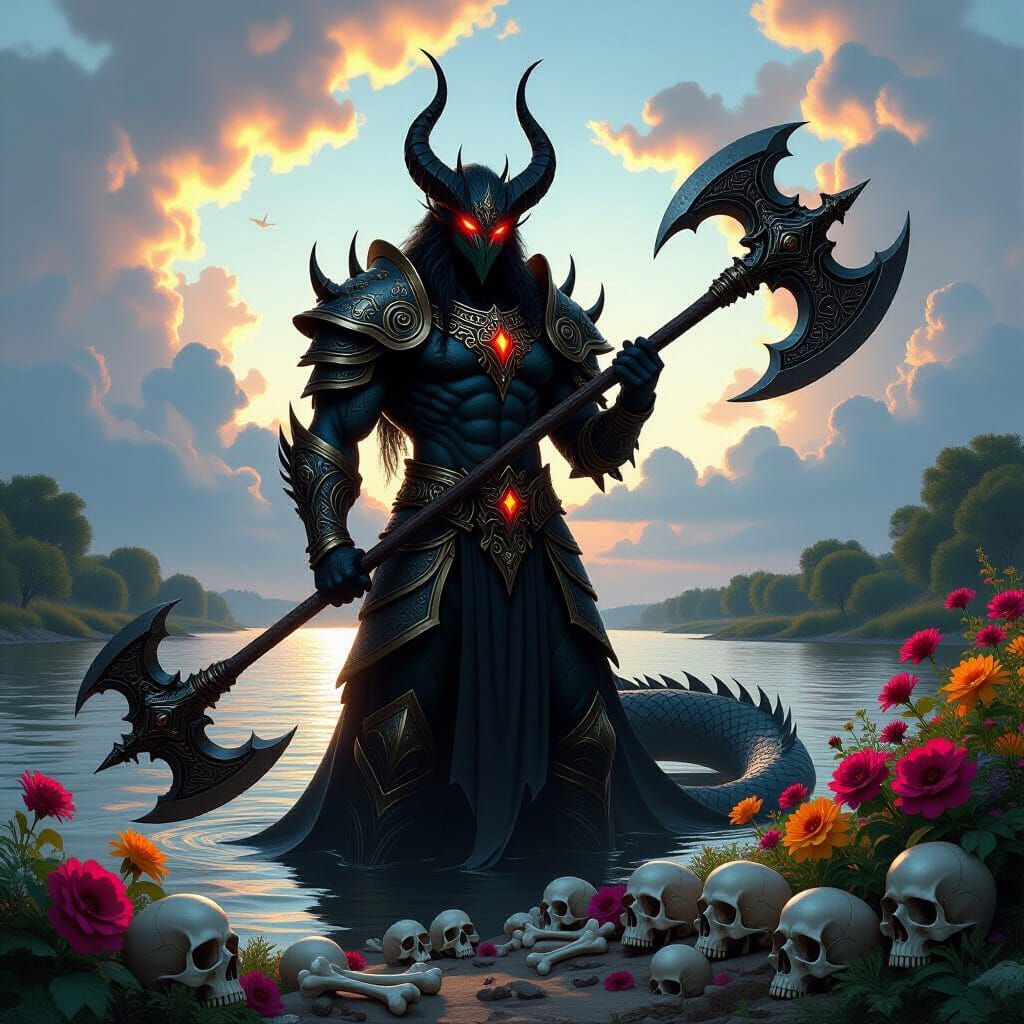 Epic scene of mystic creature with Sneak body and humanoid head. Standing on river bank and looking to the Sky. Blackish and golden armored....