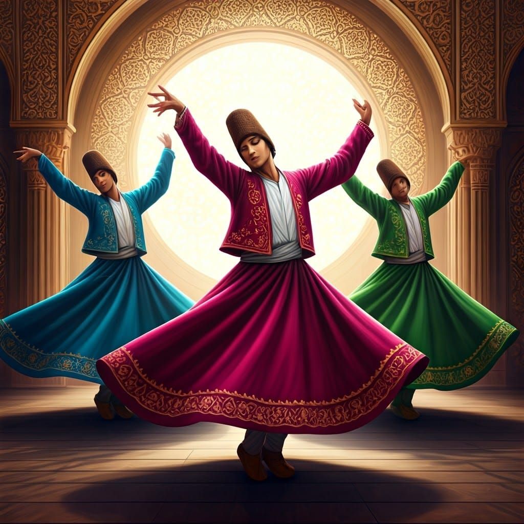 Three abstract men dancing dervishes wearing skirts one wear...