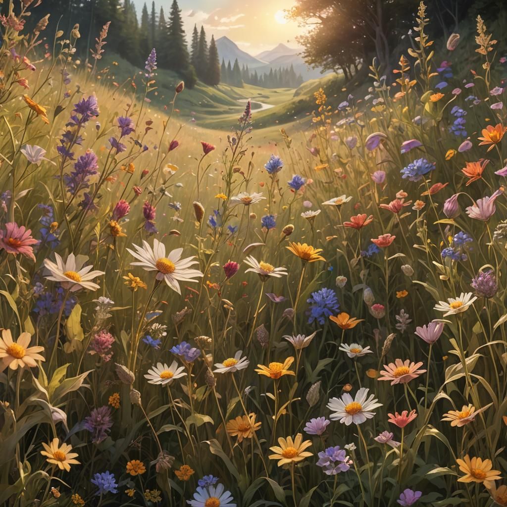 Wildflowers in Lush Meadow: Fantasy Concept Art