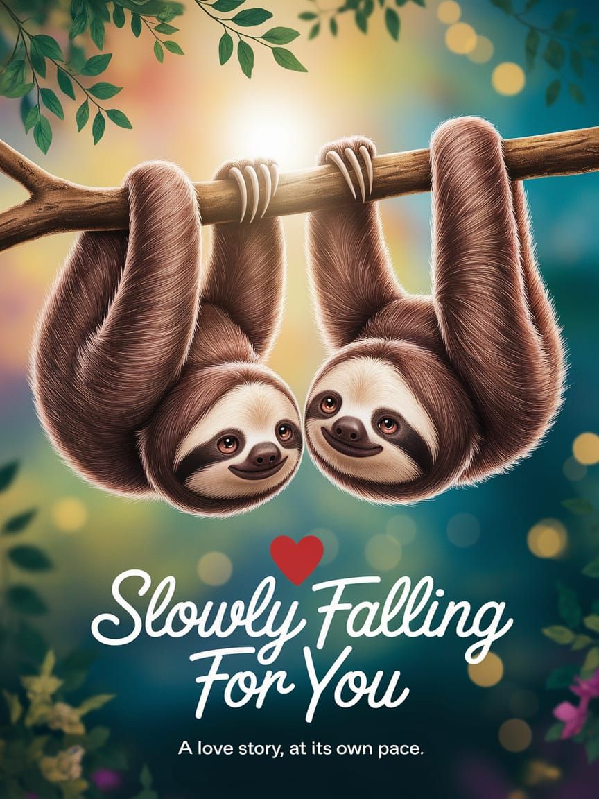 SLOWLY FALLING FOR YOU | romantic comedy sloth movie poster (Ideogram 2a Turbo)