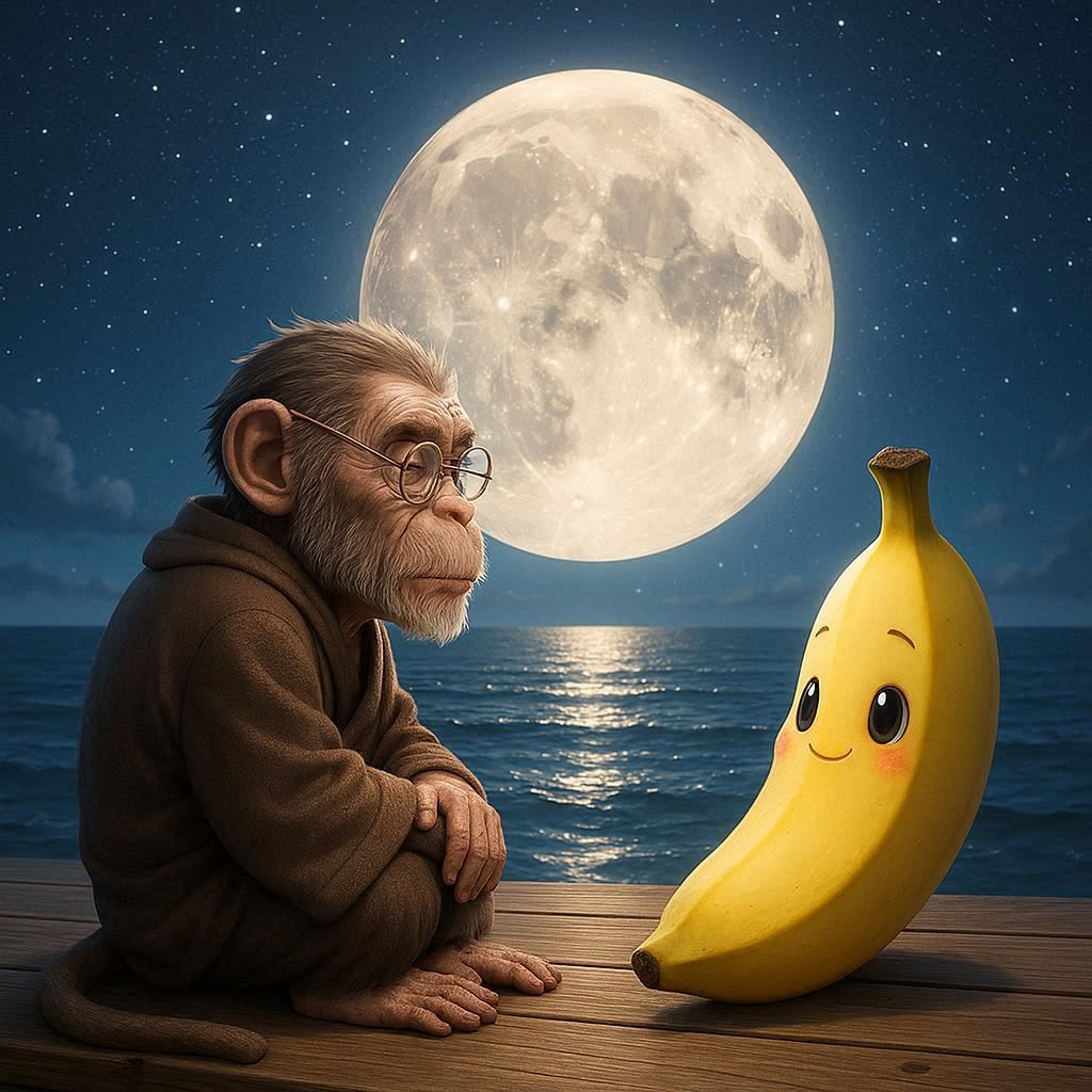 a wise monkey and a cute banana watching the moon at the sea. 3d realistic anime