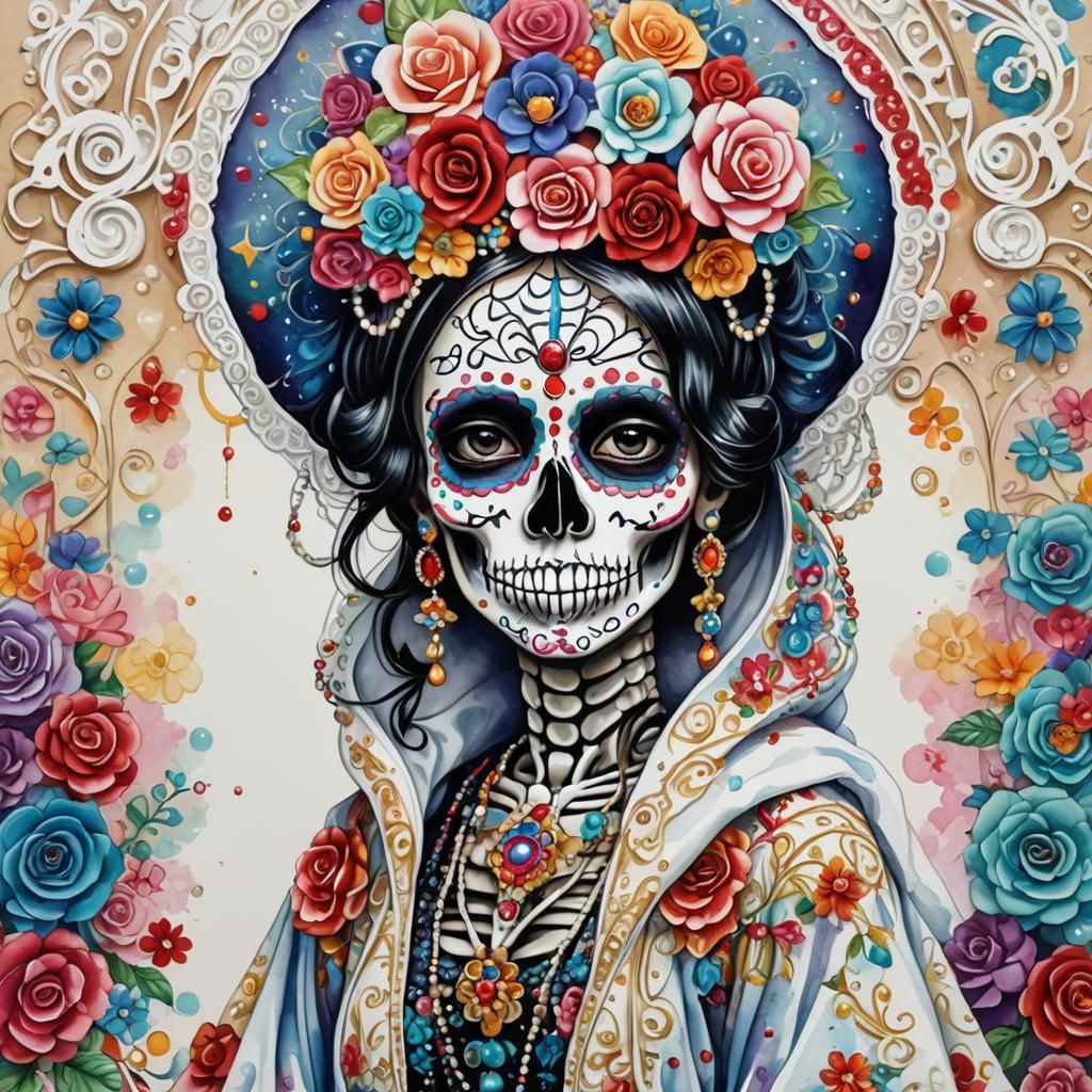 virgen mary betty boop sugar skull skeleton wearing long rob...