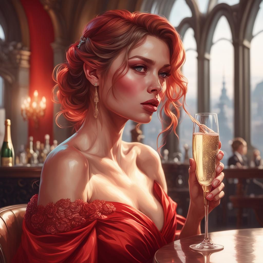 Girl in Red Dress Drinking Champagne, Detailed Digital Portr...