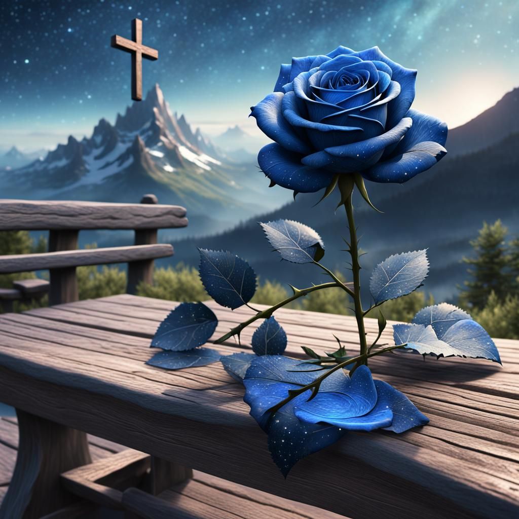 a blue rose on the rustic wooden bench in the sky with stars...