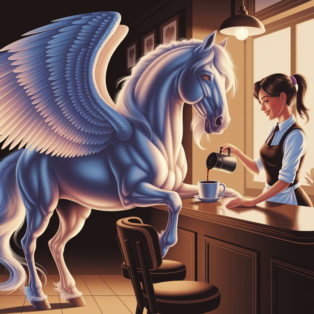 Majestic Winged Horse in Cozy Diner