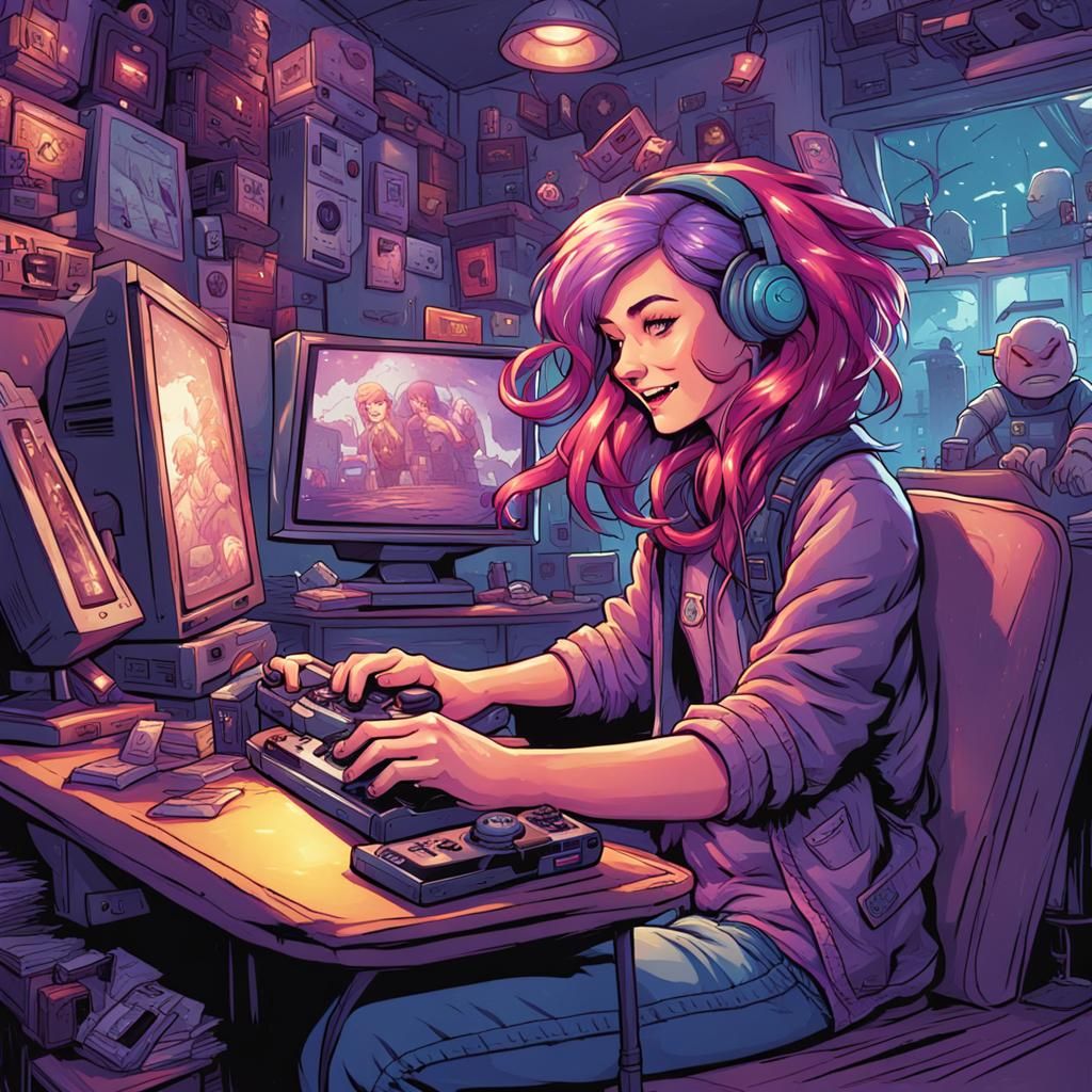Girl with purple pink hair playing video games. Laughing. Cu...