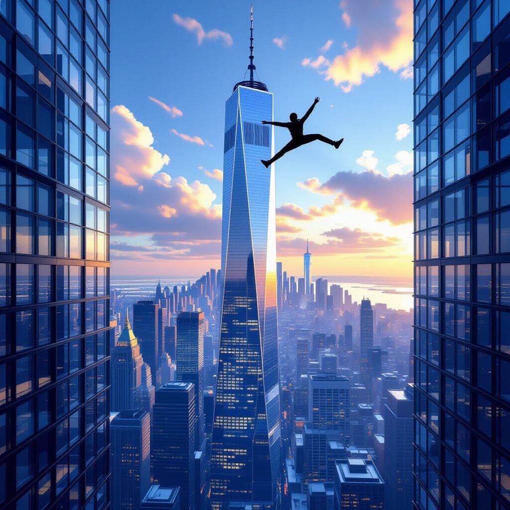 Man Leaping From Skyscraper in Dynamic Kinetic Art Style