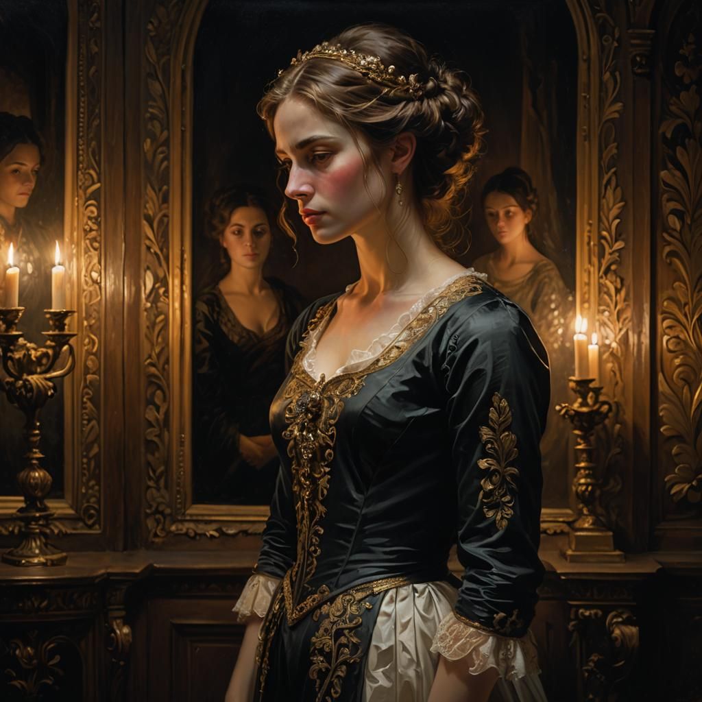 A melancholic woman stands alone in a dimly lit, ornate room...