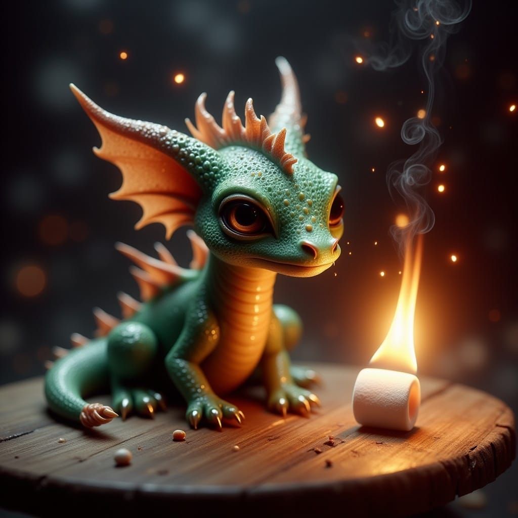 <lora:Dreamy Enchantment:1.0> An adorable baby dragon with shimmering scales, perched on a rustic wooden table in a cozy, dimly lit room. Th...