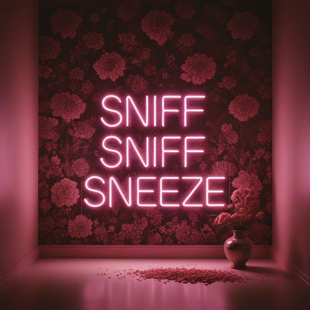A photograph depicting a singular, striking composition featuring "SNIFF SNIFF SNEEZE" in bold, pink neon letters, suspended before a richly...