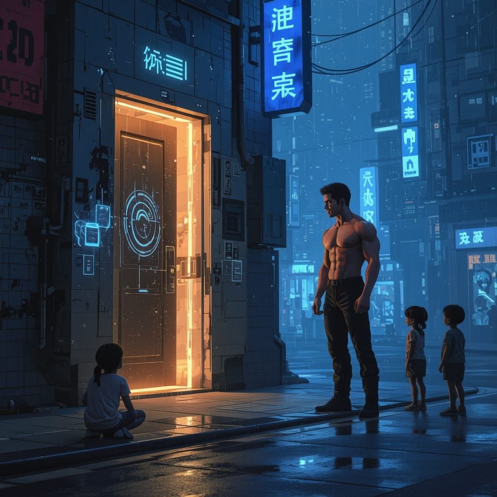 Молодой парень. темные волосы, синие глаза, сильный, но худощавый, стоит на улице виртуального города. на тротуаре играют нарисованные дети....