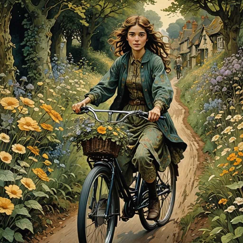young girl, happy, smiling, riding a bicycle down a quiet fl...