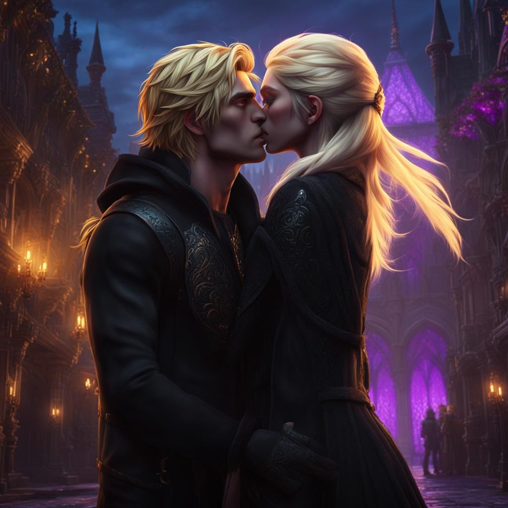 british emo boy in black clothes with long blonde hair kissing elsa - AI  Generated Artwork - NightCafe Creator