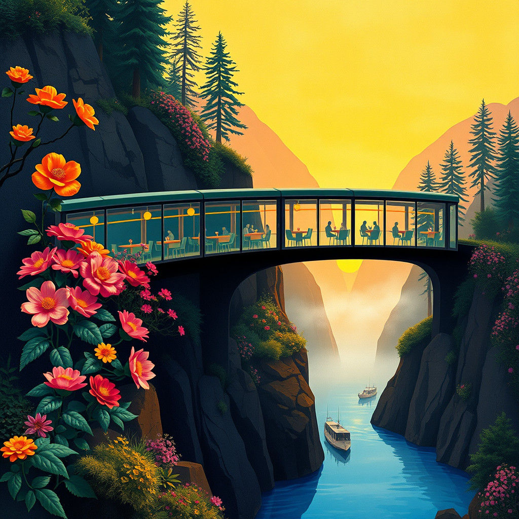 Restaurant bridge over a gorge