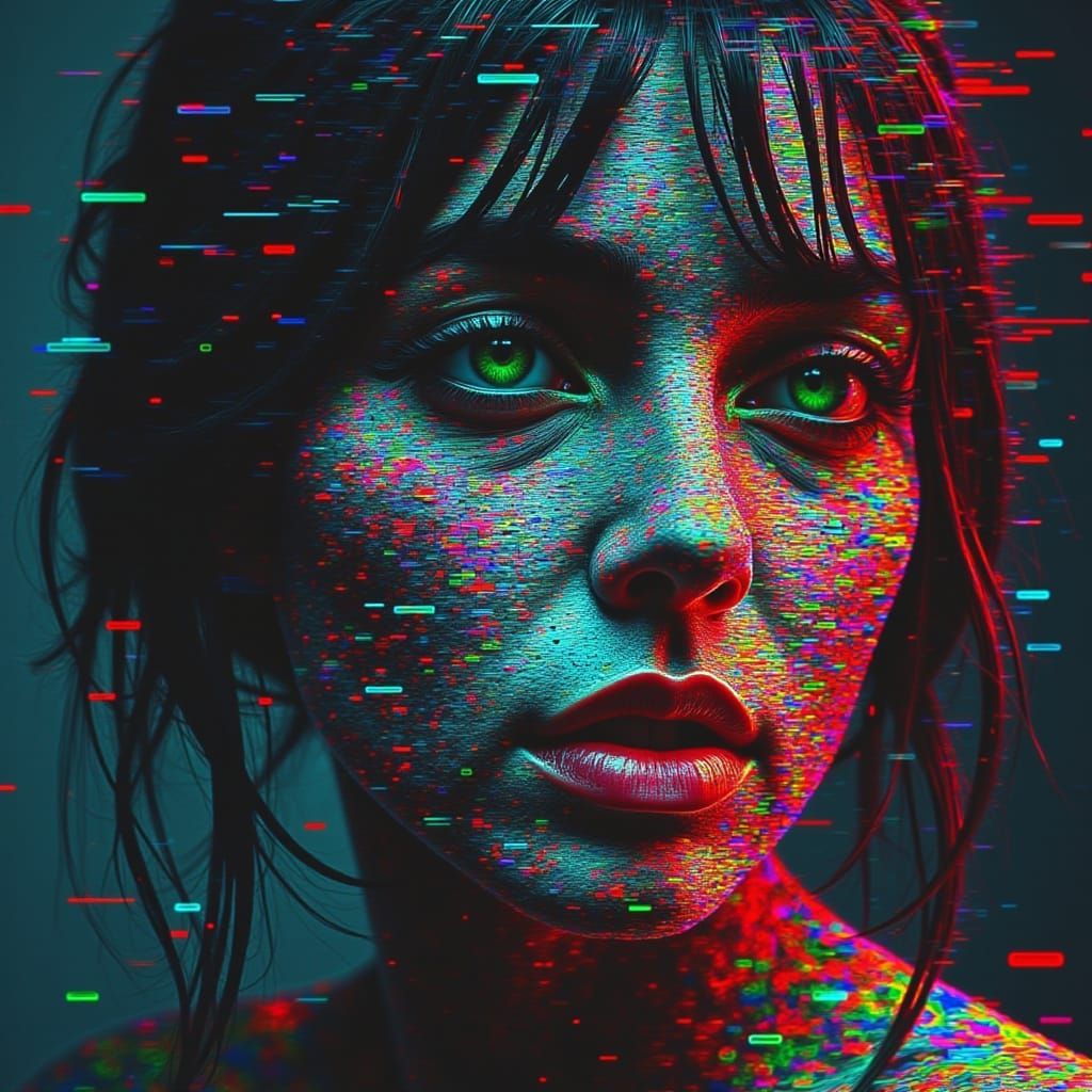 <lora:-Neon Glitch-:1.0> <lora:Ghost in the machine:1.0> Glitch art. Medium shot. A portrait of a woman ...  by @whiterose