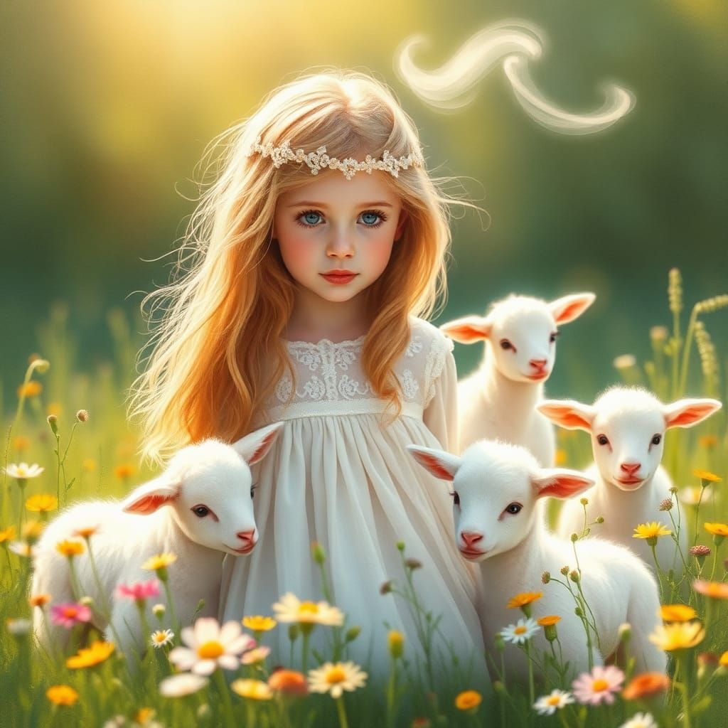 Idyllic Girl with Lambs in Watercolor Meadow