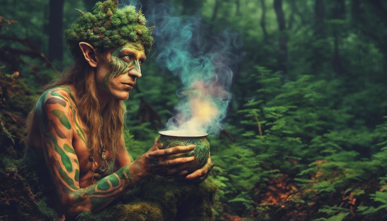 a psychedelic forest elf smoking pot, photo realistic