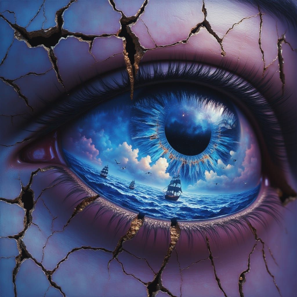 <lora:Fractured Gaze:1.0> A surrealistic eye with cracked skin, glowing inside is an endless ocean of blue and purple sky full of ships flo...